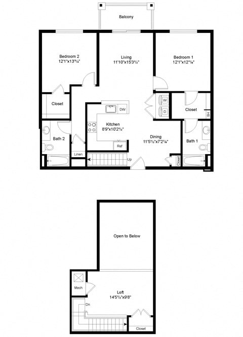Floor plan for 2 beds, 2 baths, 1345 sqft